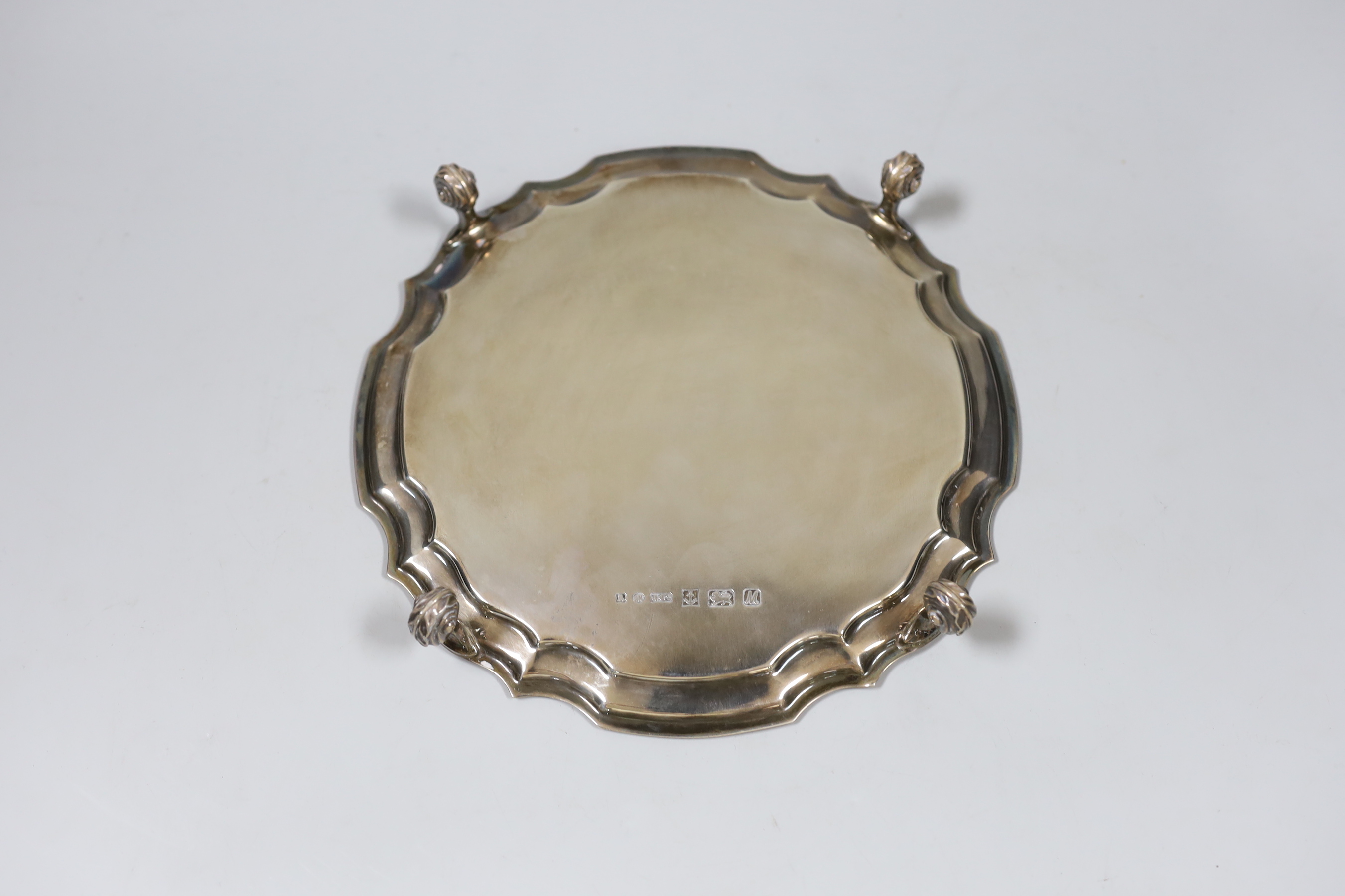 A modern circular silver waiter, A. Marston & Co, Birmingham, 1986, with engraved inscription, 20.6cm, 11.9oz., NB: From the Estate of Rt Hon Lord Lawson of Blaby